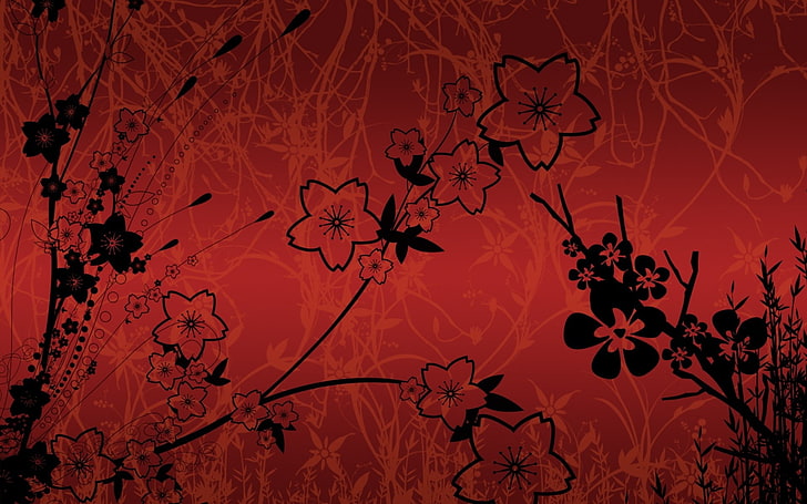 Flowers, Leaves, Stalk, Red, Black, HD wallpaper