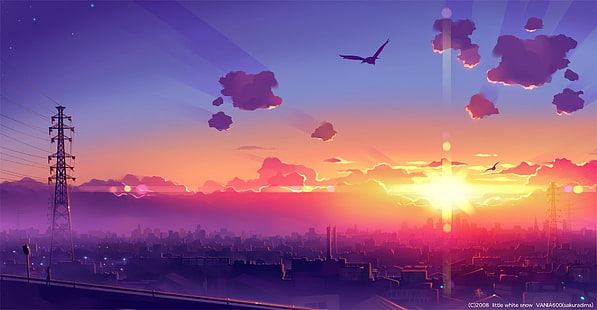 top view of city, anime, sky, skyline, power lines, sunlight, sun rays, cityscape, birds, utility pole, HD wallpaper HD wallpaper