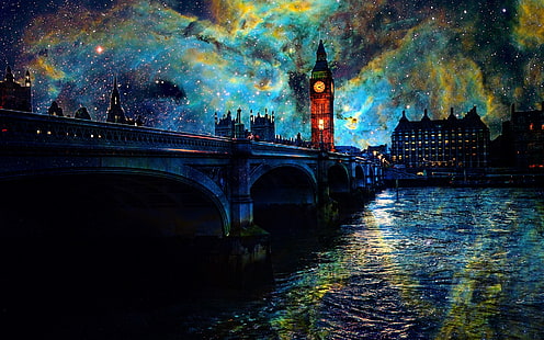 Fanasy Night In London, big ben painting, london, big ben, thames, bridge, HD wallpaper HD wallpaper