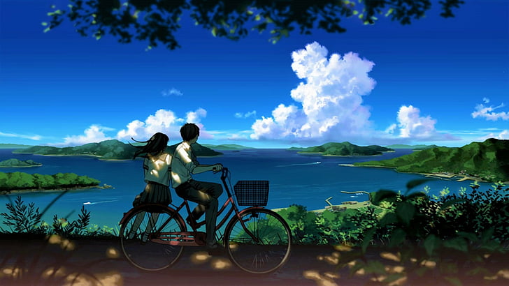Anime, Original, Fahrrad, Fahrrad, Junge, Wolke, Paar, Mädchen, See, Landschaft, Mann, Berg, Landschaft, Himmel, Uniform, HD-Hintergrundbild