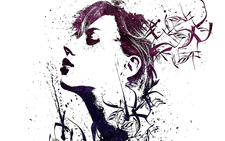 portret kobiety szkic, grafika, Scarlett Johansson, rozpryski farby, Alex Cherry, Tapety HD