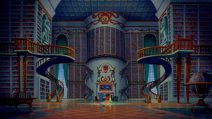 Illustrazione della biblioteca di Beauty and the Beast, cartone animato, scale, biblioteca, globo, disney, la bella e la bestia, Sfondo HD