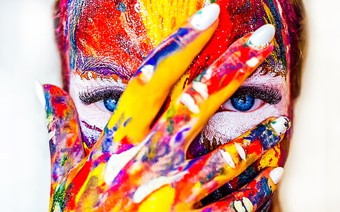 разноцветные, женщины, краски для лица, пальцы, HD обои HD wallpaper
