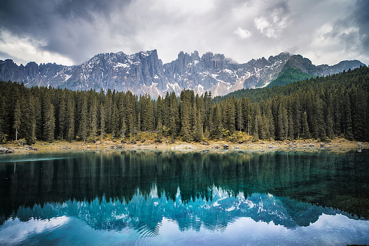 forêt, montagnes, lac, Italie, Bolzano, Lac Carezza, Fond d'écran HD