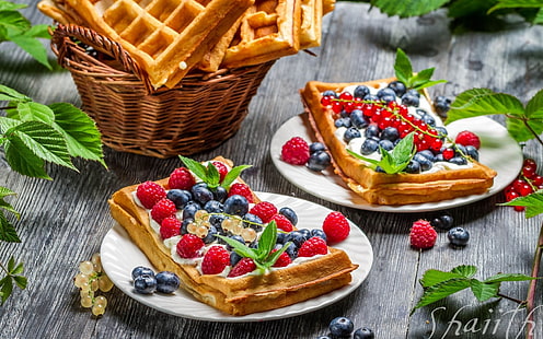 food, dessert, cake, raspberries, blueberries, waffles, HD wallpaper HD wallpaper