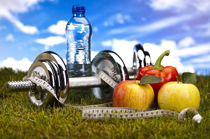 Chrom Hantel, Wasser, Sport, Äpfel, Flasche, Fitness, Hanteln, HD-Hintergrundbild