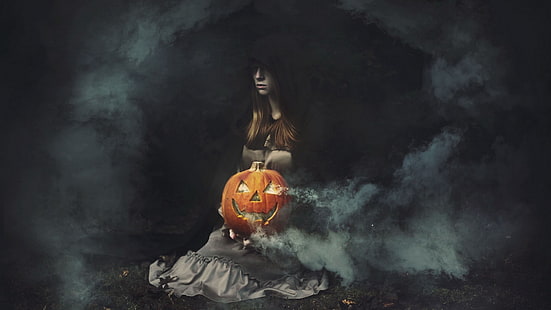 artwork, fantasy art, Halloween, pumpkin, women, Jack O' Lantern, HD wallpaper HD wallpaper