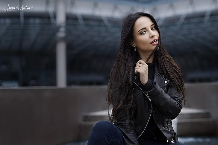 women, Angelina Petrova, model, depth of field, portrait, jeans, leather jackets, women outdoors, HD wallpaper