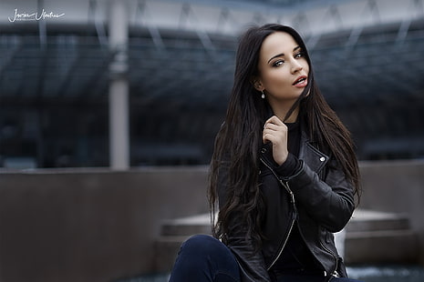 women, Angelina Petrova, model, depth of field, portrait, jeans, leather jackets, women outdoors, HD wallpaper HD wallpaper