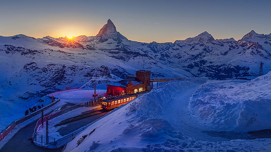 Ártico, Alpes Peninos, Matterhorn, Zermatt, Suiza, Gornergrat, amanecer, Alpes suizos, paisaje de monte, naturaleza, Alpes, nieve, cielo, invierno, montaña, formaciones montañosas, cordillera, Fondo de pantalla HD HD wallpaper