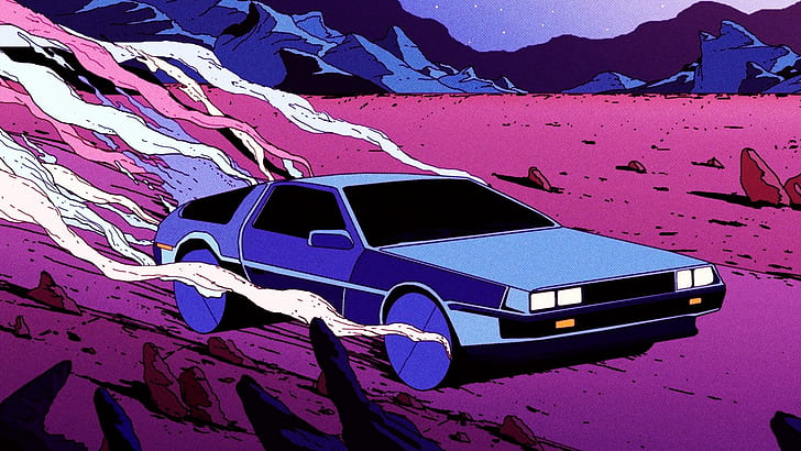 retrowave, samochód, różowy, DeLorean, góry, niebieski, pustynia, styl retro, powrót do przyszłości, Tapety HD