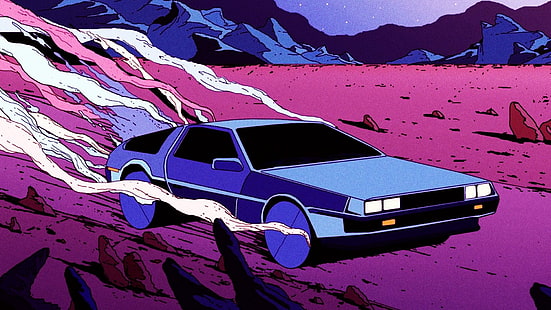 retrowave, samochód, różowy, DeLorean, góry, niebieski, pustynia, styl retro, powrót do przyszłości, Tapety HD HD wallpaper