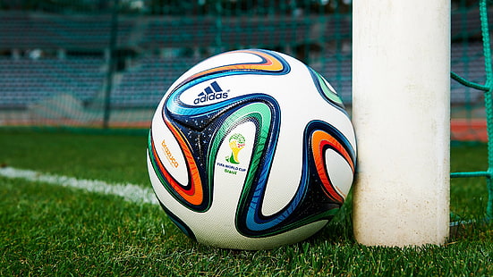multicolored adidas soccer ball, FIFA World Cup, soccer, Brazuca, balls, grass, HD wallpaper HD wallpaper