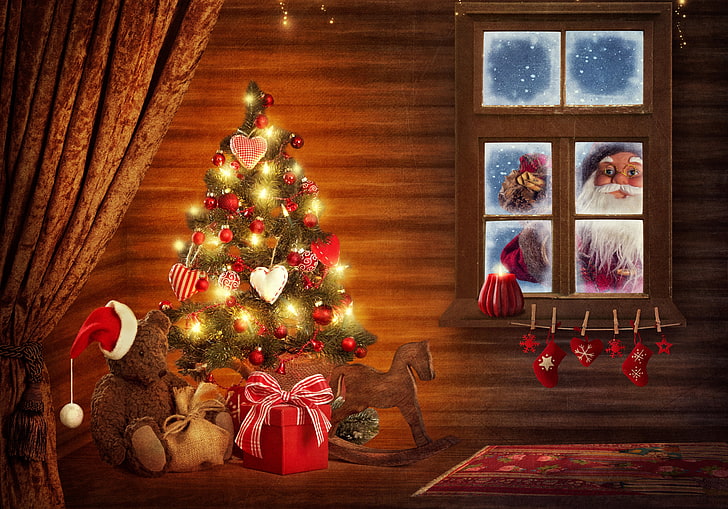 Ilustracja Świętego Mikołaja, dekoracja, okna, drzewo, nowy rok, boże narodzenie, czapka, kaptur, miś, prezenty, serduszka, Święty Mikołaj, miś, choinka, ozdoby, czapka, Tapety HD