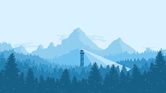 灰色の灯台イラスト、冬、青、山、灯台、シアン、デジタルアート、雪が降る、 HDデスクトップの壁紙 HD wallpaper