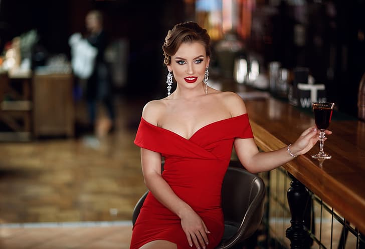 girl, pose, style, model, glass, neckline, red dress, shoulders, Sergey Sorokin, HD wallpaper