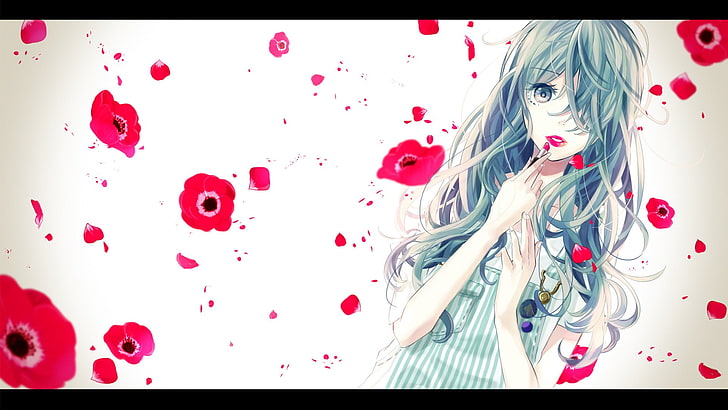 anime, gadis anime, rambut panjang, mata biru, mata hijau, rambut aqua, bunga, lipstik, Wallpaper HD