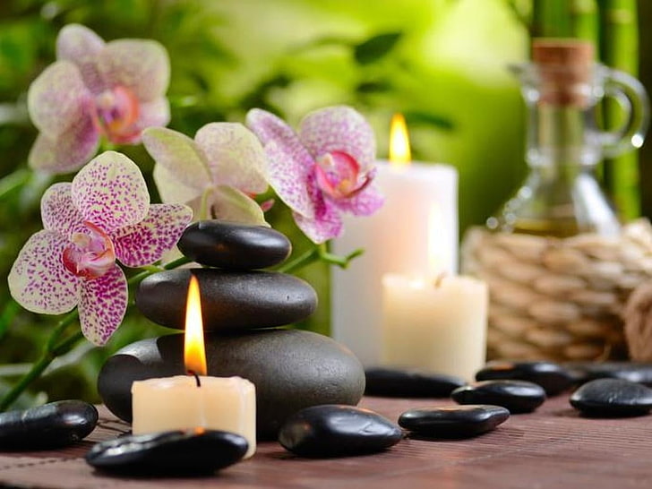 Spa concept, Still life, Candles, Stones, Orchids, Oil, HD wallpaper