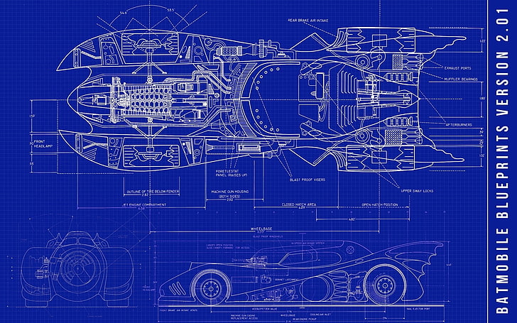 Batmobile Blueprints version 2.01, Batman, Batmobile, blueprints, fordon, bil, Batmanbilar, skisser, blå, HD tapet