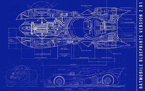 Batmobile Blueprints Version 2.01, Batman, Batmobil, Blaupausen, Fahrzeug, Auto, Batman-Autos, Skizzen, blau, HD-Hintergrundbild HD wallpaper