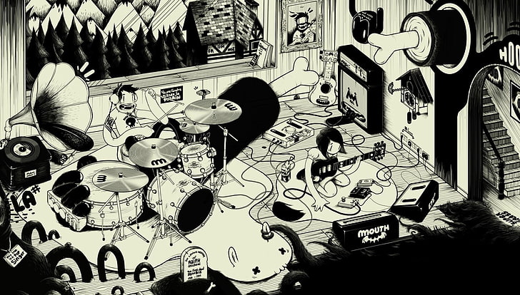黒と白のセラミックマグカップ、アートワーク、バンド、モノクロ、 HDデスクトップの壁紙
