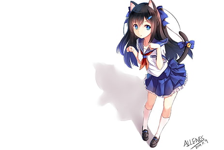 ilustração de personagem de anime de cabelo preto, uniforme escolar, meninas anime, garota gato, orelhas de animais, cabelo preto, olhos azuis, cauda, ​​nekomimi, personagens originais, HD papel de parede HD wallpaper