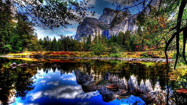 Glückselige Schönheit, Landschaft, See, bunt, Reflexionen, Berge, schön, 3d und Zusammenfassung, HD-Hintergrundbild