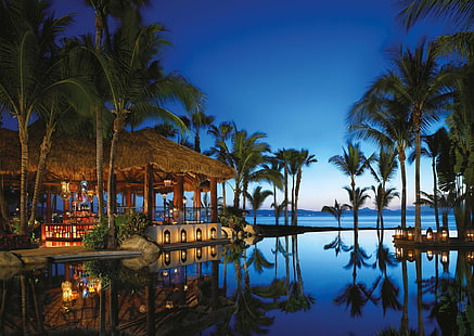 вечер, бассейн, пальмы, курорт, море, пляж, отражение, искусственное освещение, Мексика, пейзаж, вода, HD обои HD wallpaper