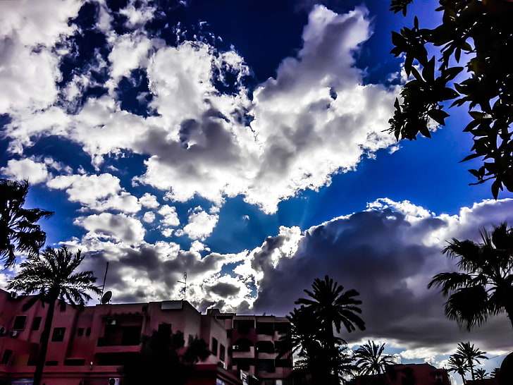 africa, beautiful, blue sky, clear sky, cloud, clouds, cloudscape, colorful houses, desktop, hd, marrakech, morocco, rachid, satelite, smartphone, winter, HD wallpaper
