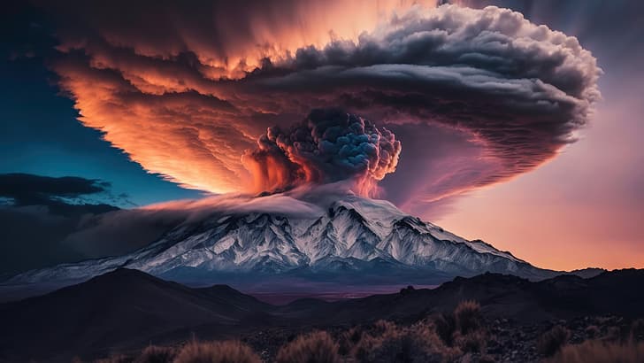 artwork, nature, sky, landscape, volcano, eruption, smoke, AI art, mountains, HD wallpaper