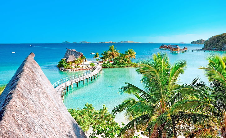 Tropical Resort Panorama, green leafed tree, Travel, Islands, Ocean, Exotic, Paradise, Landscape, Summer, Dream, Water, Tropical, Sand, Summertime, Luxury, palm trees, Vacation, Bungalow, Overwater Bungalows, Water Bungalows, HD wallpaper
