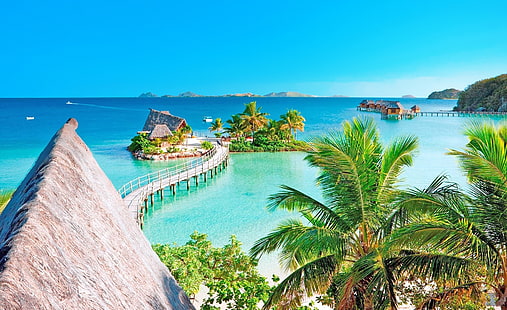 Tropical Resort Panorama, green leafed tree, Travel, Islands, Ocean, Exotic, Paradise, Landscape, Summer, Dream, Water, Tropical, Sand, Summertime, Luxury, palm trees, Vacation, Bungalow, Overwater Bungalows, Water Bungalows, HD wallpaper HD wallpaper