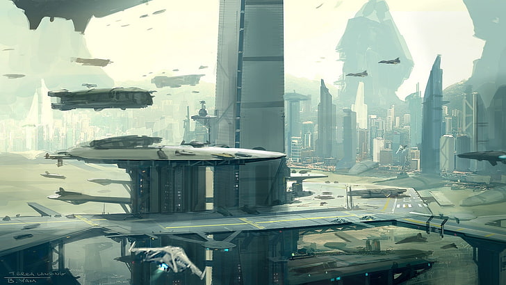spacecraft flying above buildings wallpaper, movie scene with flying aircraft and buildings, spaceship, Star Citizen, cityscape, futuristic, digital art, artwork, concept art, video games, HD wallpaper