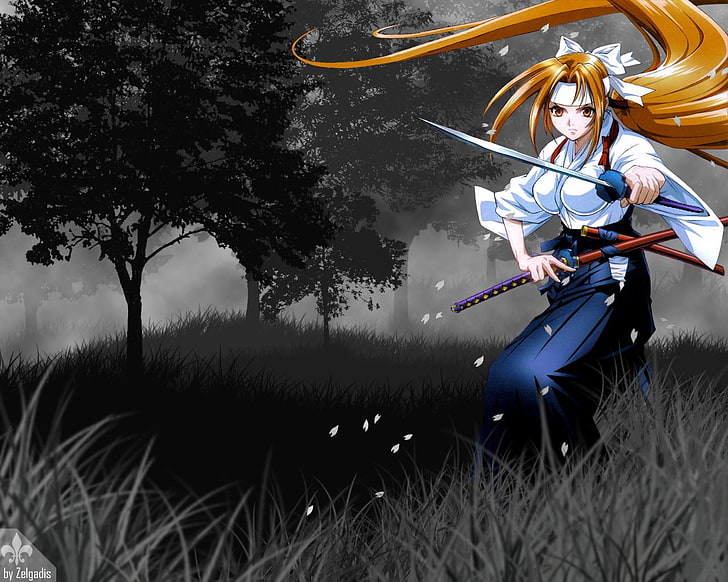 женщина держит меч цифровые обои, девушка, воин, меч, оружие, защита, лепестки, HD обои