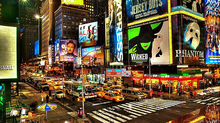 通りニューヨーク市バスタクシーミュージカル1920 x 1080エンターテイメント音楽HDアート、通り、ニューヨーク市、 HDデスクトップの壁紙