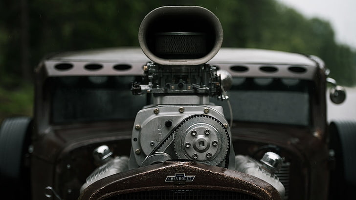 grey turbocharger, vehicle, old car, oldtimers, classic car, Chevrolet, engines, gears, closeup, Hot Rod, wheels, depth of field, HD wallpaper