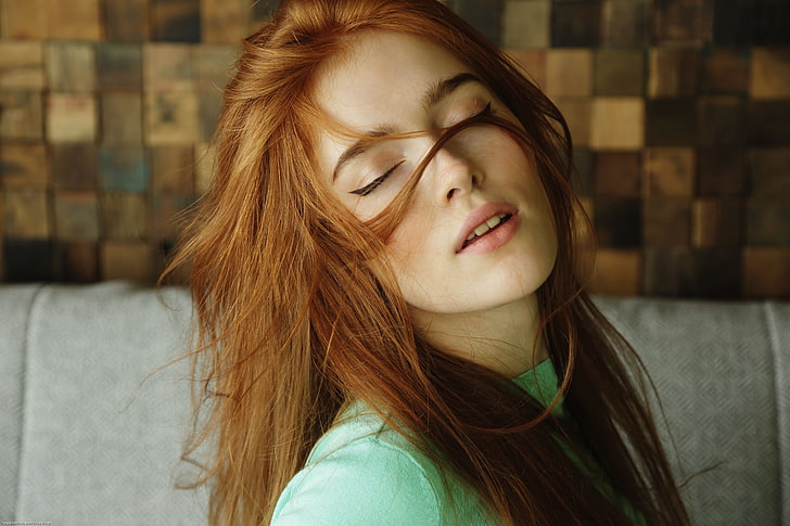 women's green crew-neck top, Jia Lissa, redhead, women, model, face, hair in face, closed eyes, depth of field, portrait, open mouth, women indoors, long hair, Errotica Archives, bokeh, Errotica Archives Magazine, pink lipstick, couch, HD wallpaper