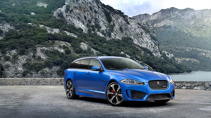 Планини, машина, Jaguar, красива, кола, синя, 2015, Jaguar XFR-S, HD тапет