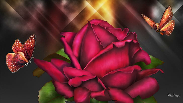 Shine On Rose, grafica rosa rossa, brillante, persona firefox, splendore, fiore, luminoso, farfalle, farfalla, rosa, 3d e astratto, Sfondo HD