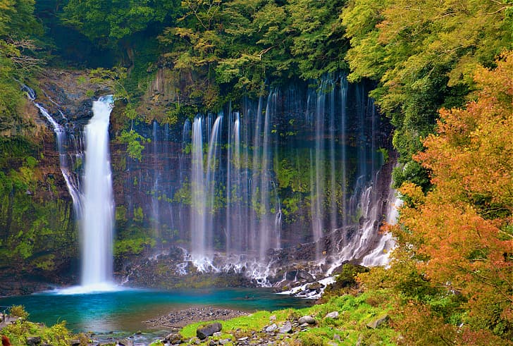 autumn, forest, trees, rock, waterfall, Japan, Shiraito Falls, HD wallpaper