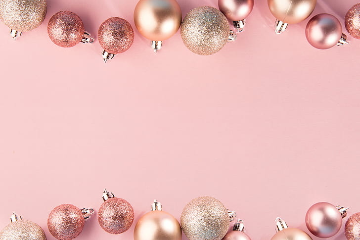 dekorasi, bola, Tahun Baru, Natal, latar belakang pink, pink, Selamat, Wallpaper HD