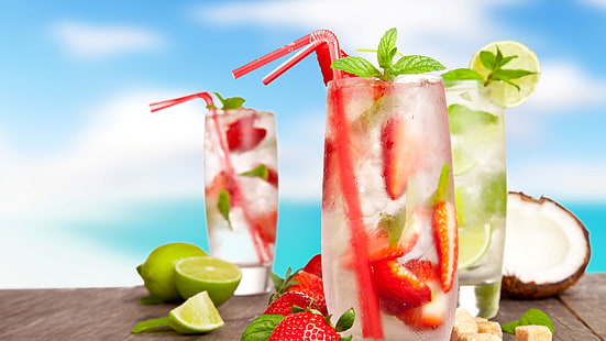 Cold drinks, cocktails, mojito, fruits, strawberry, lemon, coconut, summer, Cold, Drinks, Cocktails, Mojito, Fruits, Strawberry, Lemon, Coconut, Summer, HD wallpaper HD wallpaper