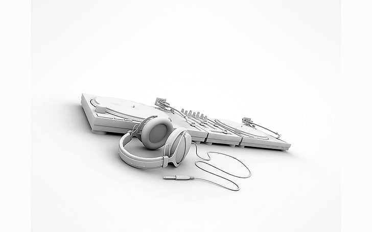 dua papan dan headphone DJ putih, latar belakang putih, teknologi, minimalis, headphone, musik, Wallpaper HD