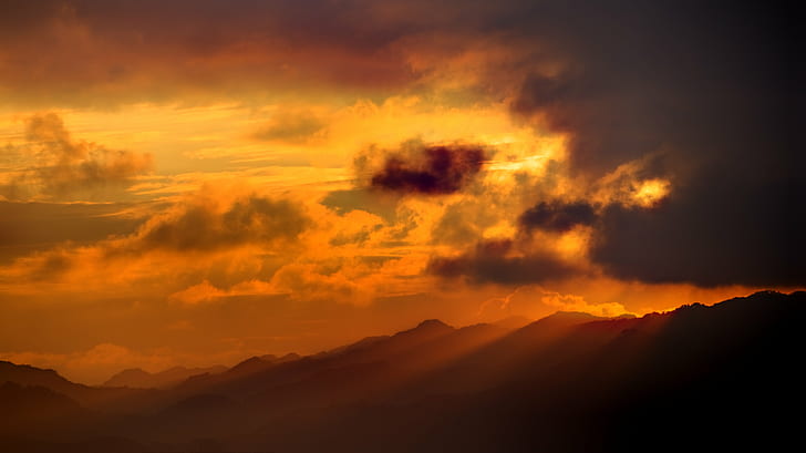 black and white clouds during sunset, sunset, black and white, white clouds, orange  mountains, dark, lightbeam, rays, light, Taiwan, Canon EOS 5D Mark II, Canon  EOS  5D, Canon EF, Canon EF 70-200mm, f/2, II, USM, 70-200mm, f/2.8, cloudy, day, nature, mountain, scenics, sky, landscape, sunrise - Dawn, cloud - Sky, outdoors, dawn, sunlight, sun, morning, beauty In Nature, dusk, mountain Peak, cloudscape, mountain Range, HD wallpaper