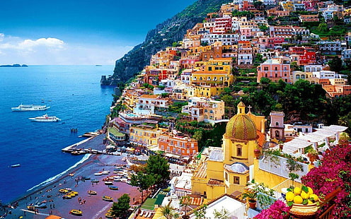Amalfiküste Italien-Stadt HD Wallpaper, gelbes Gebäude, HD-Hintergrundbild HD wallpaper