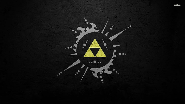 logo bulat hitam dan kuning segitiga, The Legend of Zelda, Nintendo, abstrak, video game, watermarked, Triforce, Wallpaper HD