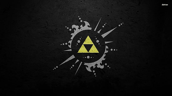 丸い黒と三角形の黄色のロゴ、ゼルダの伝説、任天堂、抽象、ビデオゲーム、透かし入り、Triforce、 HDデスクトップの壁紙 HD wallpaper