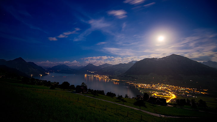 수평선, 도시, 조명, 오스트리아, 호수 위에 푸른 잔디, HD 배경 화면