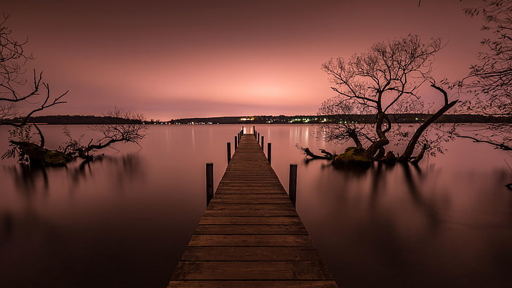 pier, silent, calm, lake, reflection, water, pink sky, sunset, evening, dusk, tree, HD wallpaper