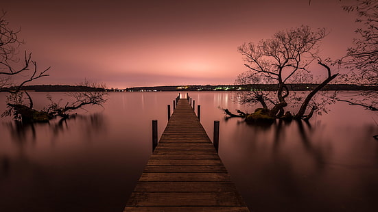 pier, silent, calm, lake, reflection, water, pink sky, sunset, evening, dusk, tree, HD wallpaper HD wallpaper